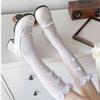 Women Japanese Aesthetic Hollowout Mesh Middle Tube Socks Striped Patterned Ruffle Trim Over Calf Socks with Bows Accent