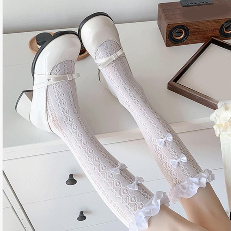 Women Japanese Aesthetic Hollowout Mesh Middle Tube Socks Striped Patterned Ruffle Trim Over Calf Socks with Bows Accent