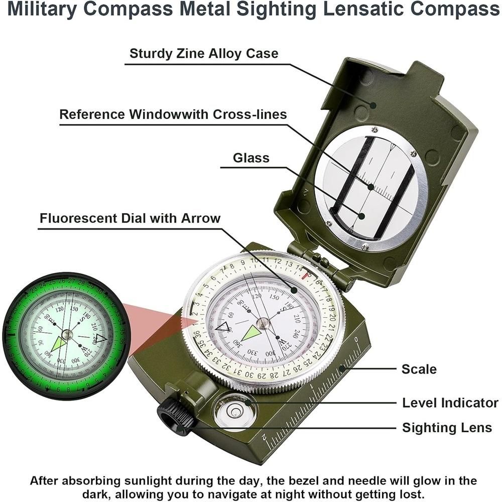 Compass Hiking Compass - Navigation, Pocket, Waterproof, Shockproof, Military - Hiking, Climbing, Biking, Exploring, Geology, Outdoor Activities