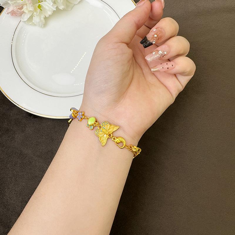 Sand Gold Bracelet for Women, Light Luxury Enamel, Ancient Butterfly Half Bracelet Design, Long-lasting Accessory Gift