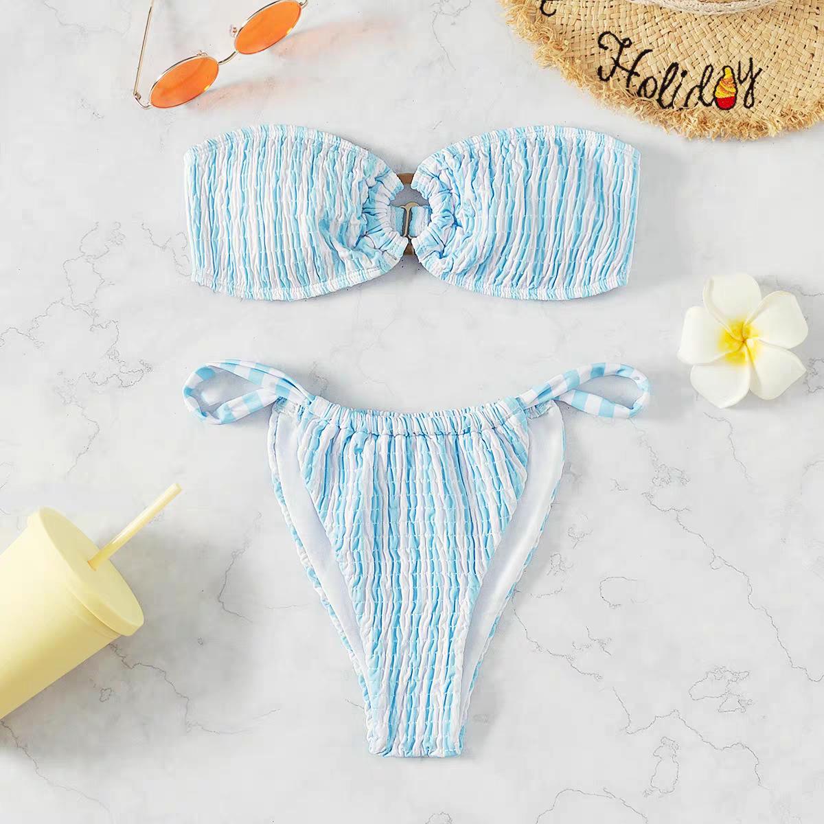 

Европейское и американское ретро полосатое бикини - Сексуальный дизайн для маленькой груди с круглым кольцом, раздельный купальник для женщин Extra Large