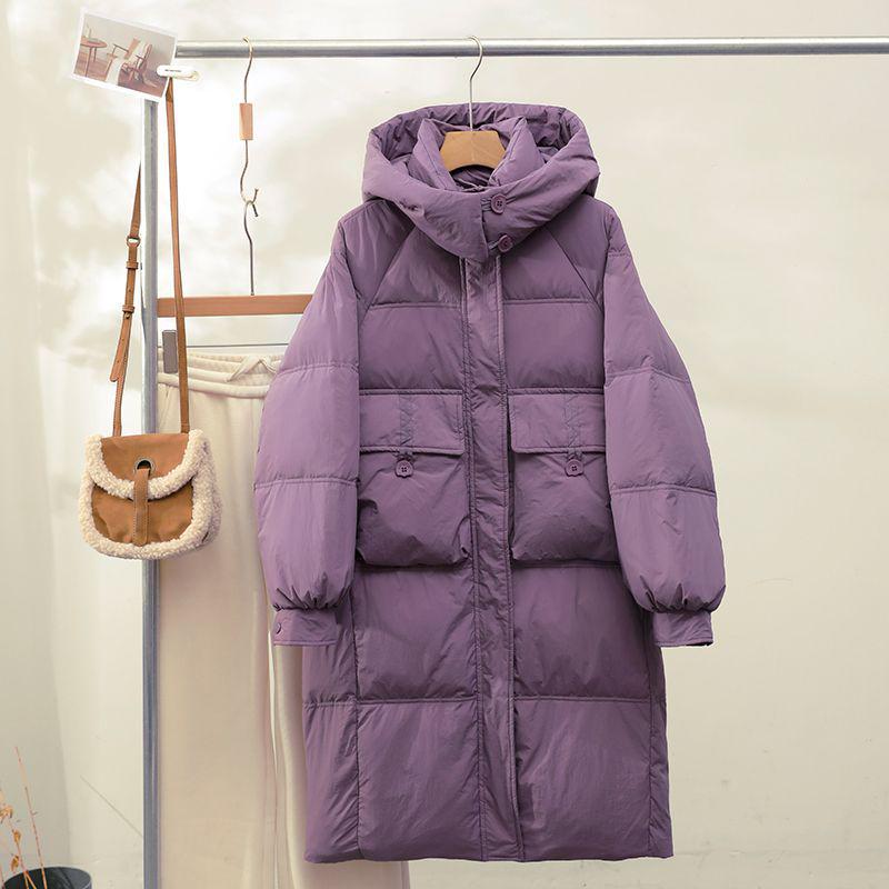 2024 Women's Mid-Length White Duck Down Hooded Winter Coat