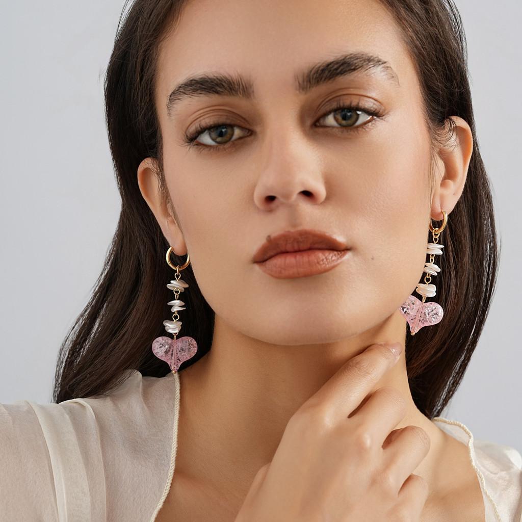 Heart Long Pink Shaped Earrings With Pearls Adorned For Stylish Women