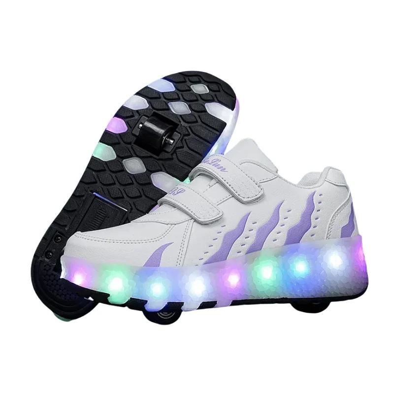 Shoes with Wheels for Kids Beginners - Adjustable Velcro Strap 2-Wheel Roller Skates with USB Rechargeable LED Lights