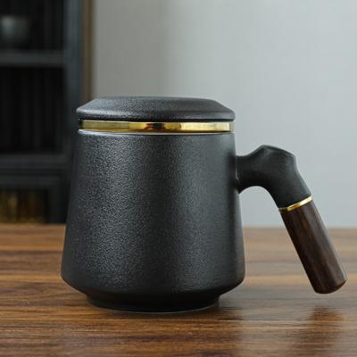 Custom Ceramic Tea Cup with Lid Tea Separation Cup Filter Water Cup Creative Wooden Handle Cup Office Cup Gift Cup