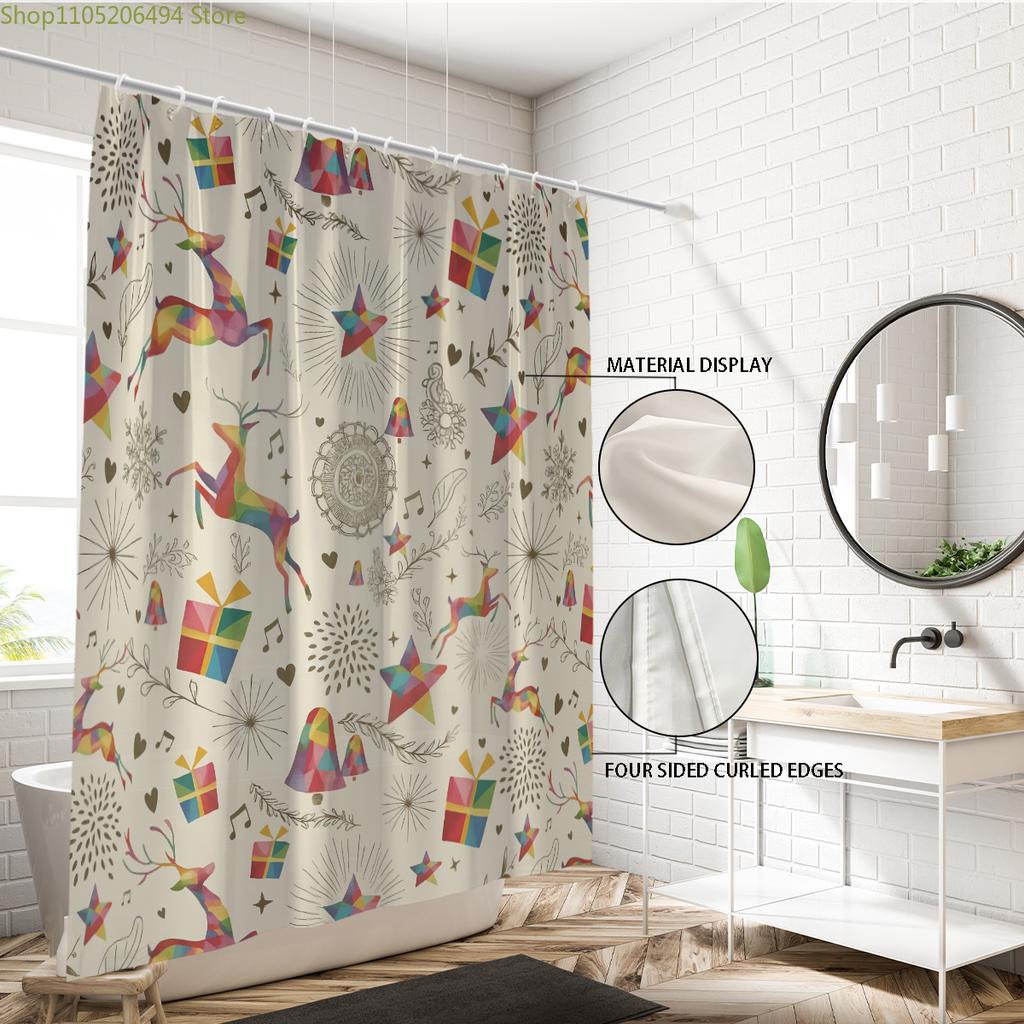 1pc Christmas Print Waterproof Perforated Shower Curtain Shower Partition Privacy Multi Size with 12 Hooks for Easy Installati