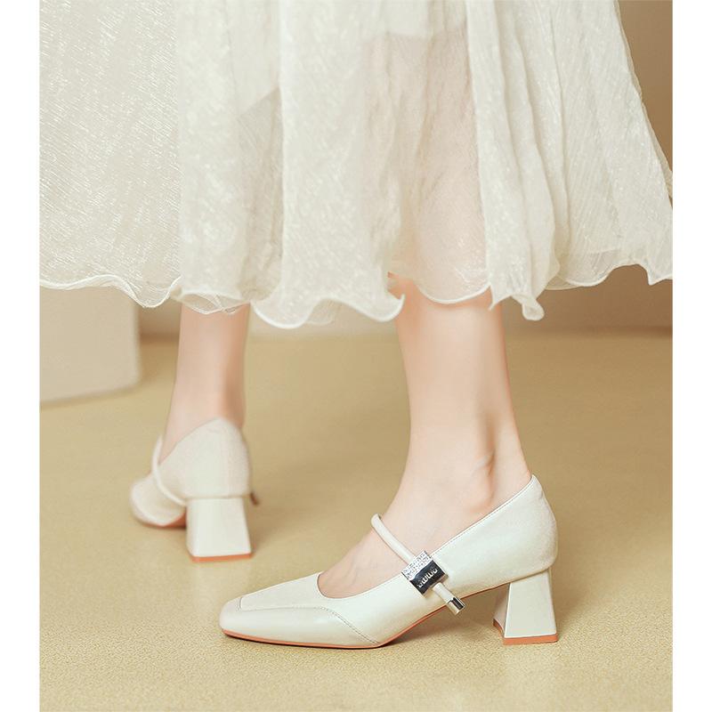 French Mary Jane Shoes Women's Middle Heel New Burgundy Light Mouth Square Head Single Shoes Retro Word with Thick Heel High Heels