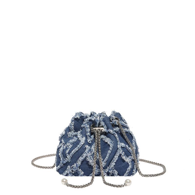 Trend drawstring tassel denim rhombus bag autumn new simple shoulder bucket messenger bag