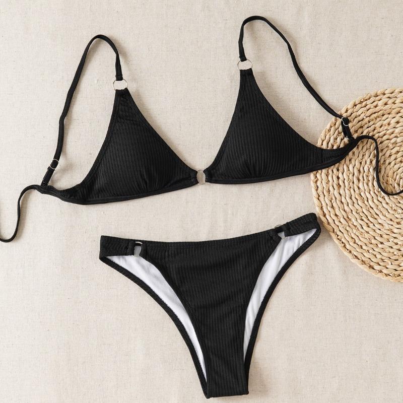 

Раздельный купальник женский костюм сексуальный модный однотонный с декоративным металлическим кольцом и шнуровкой бикини купальник L