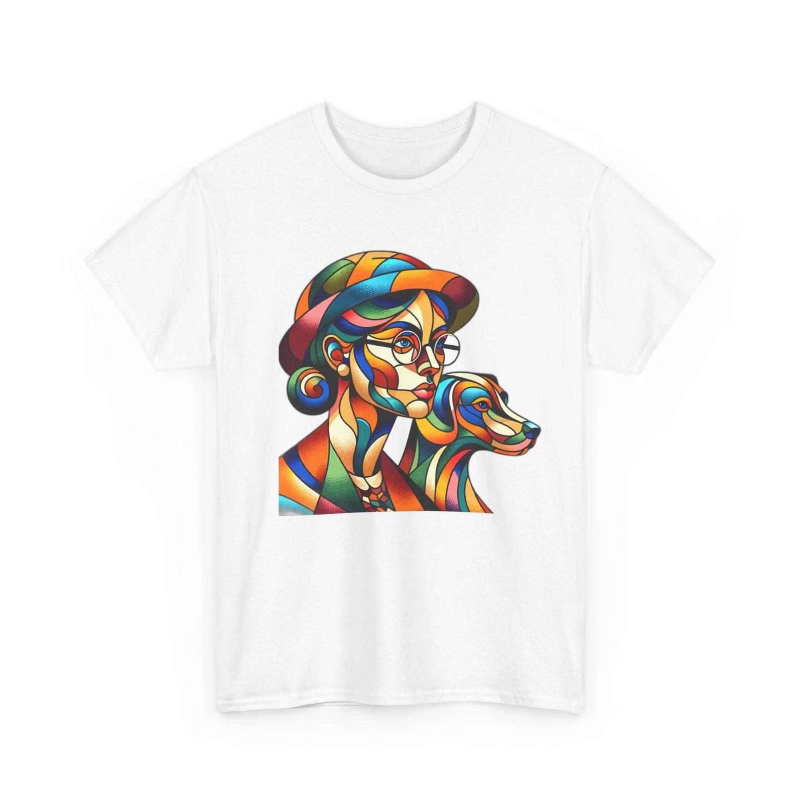Unisex Adult T Shirt Abstract Cubist Portrait Retro Style Woman with Pet Dog Tee 3XL