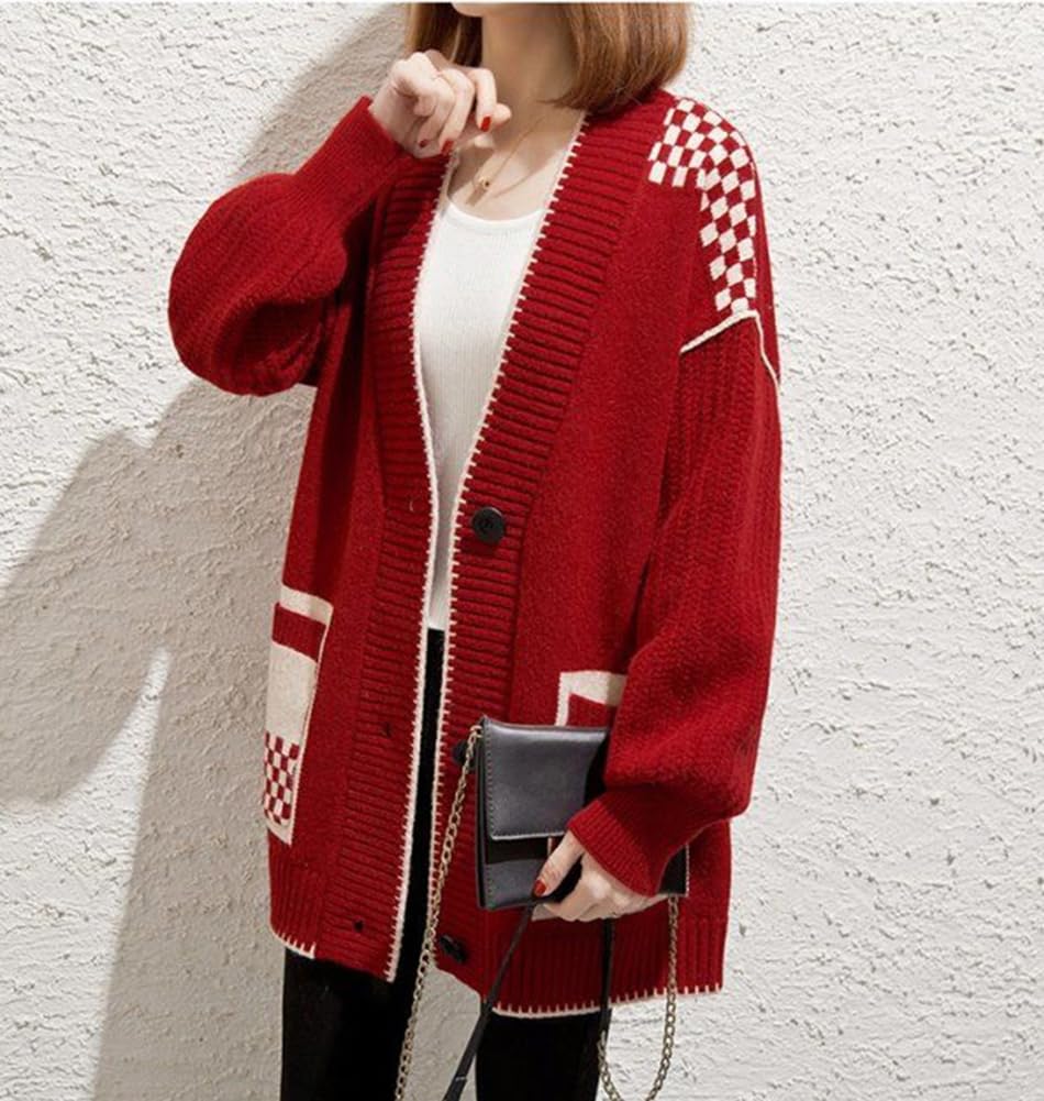 TASOGARA Knit Cut and Sewn One Size Fits Loose Plus Women's Cardigan, Sweater, Outerwear, V-Neck, Most, Fit, Casual, Sizes, Fall/Winter (Red)