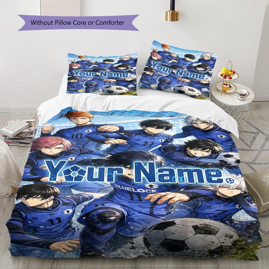 Blue Lock Soccer Custom Name Pattern Bedding Quilt Set Quilt Cover Pillowcase Home Birthday Gift(1 * Duvet Cover + 2 * Pillowcase, Without Core)
