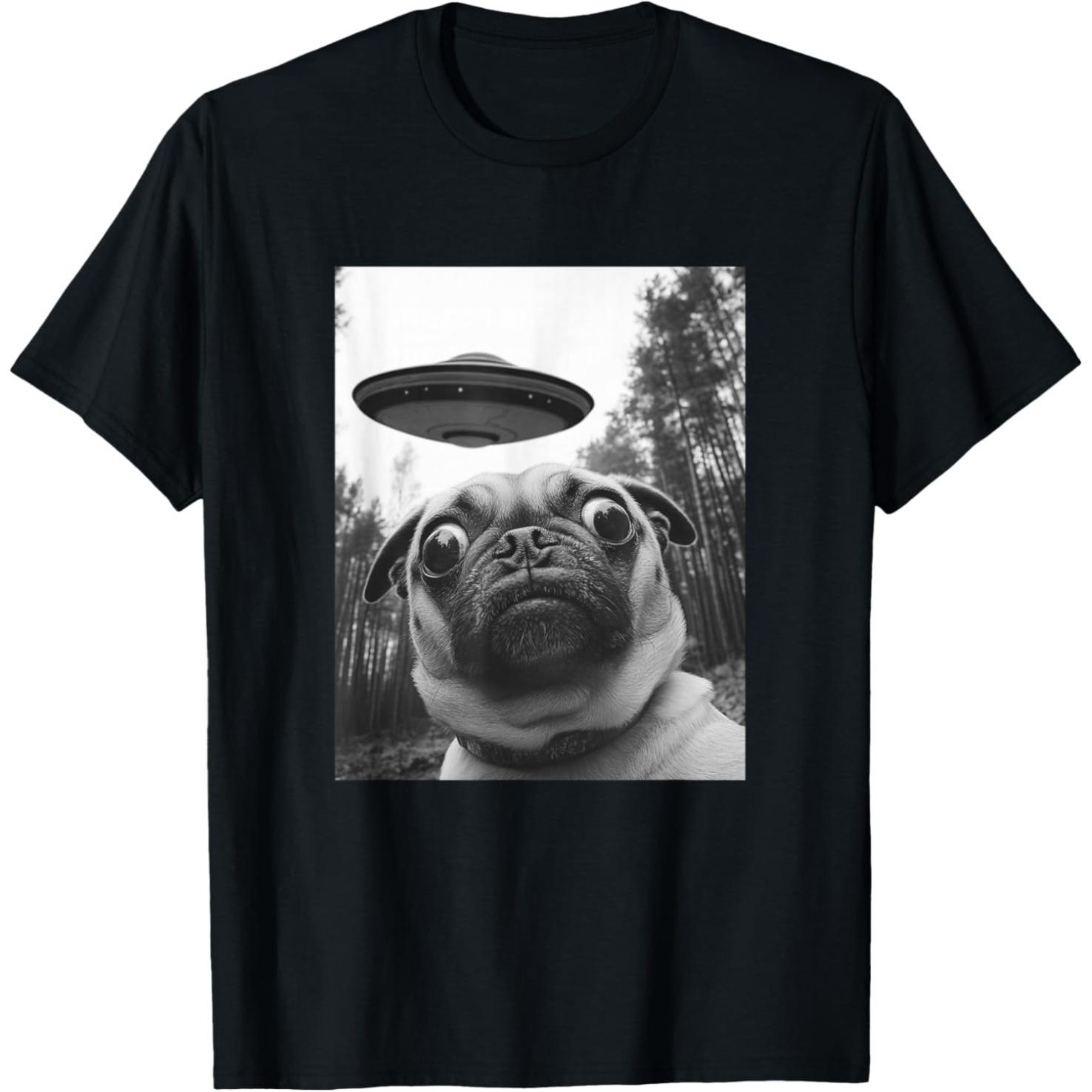 

Retro Pug UFO Fun Pattern T-shirt, Humorous Street Style Short Sleeve Women Clothing Fashion Graphic T Shirts Summer Streetwe... S разноцветный