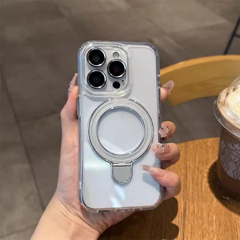 Ice Crystal Suitable for Iphone16promax Transparent Magnetic Bracket Mobile Phone Case Apple 15 Lens Film Full Inclusive Anti Fall