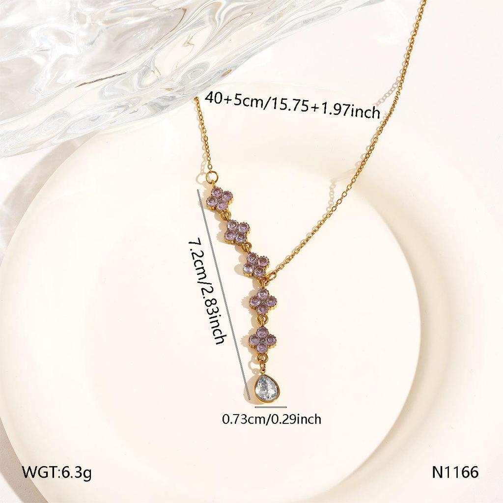 French Retro Titanium Steel Four-Leaf Clover Pendant Necklace with Colored Zirconia