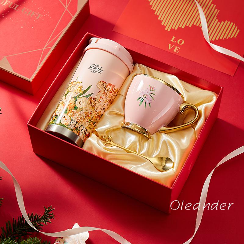 316 Stain Steel Thermos Cups 500ml Coffee Mug with Spoon Set of 3, Floral Ceramic Mug Gift Box for Birthday Wedding Christmas Valentine's Day