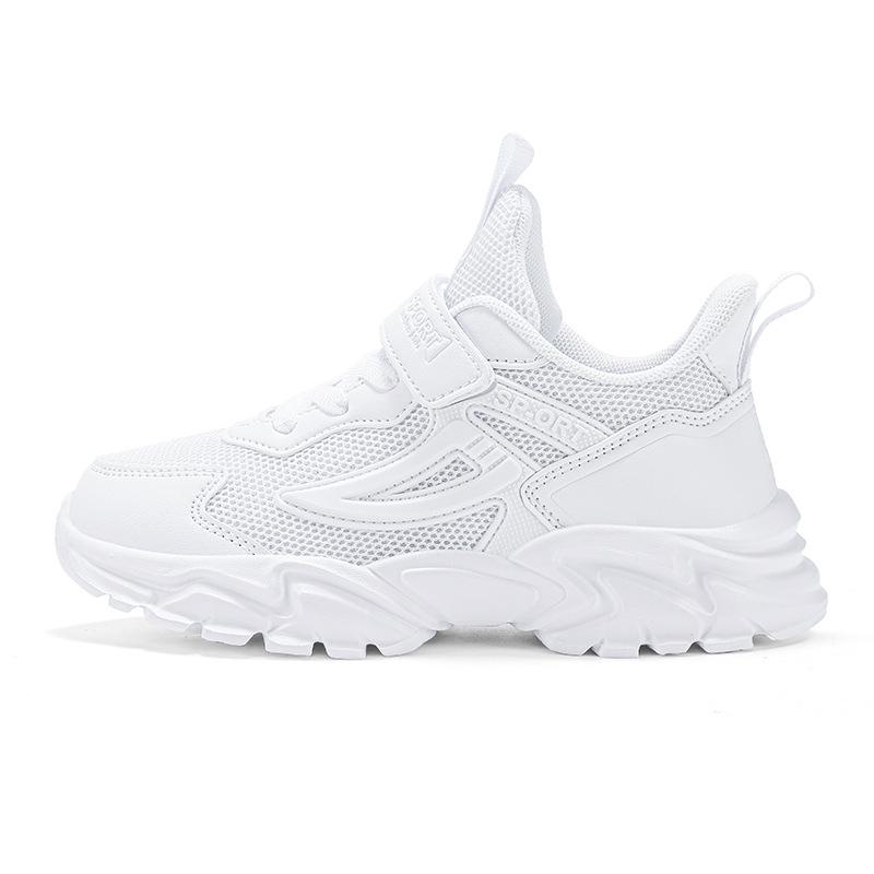 Pure White Student Sneakers - Unisex Double/Single Mesh Leather, Trendy Kids' Athletic Shoes