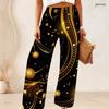 Women Plus Size Black Gold Galaxy Planet Print High Waist Wide Leg Pants Loose Casual Long Trousers For Daily Party Vacation