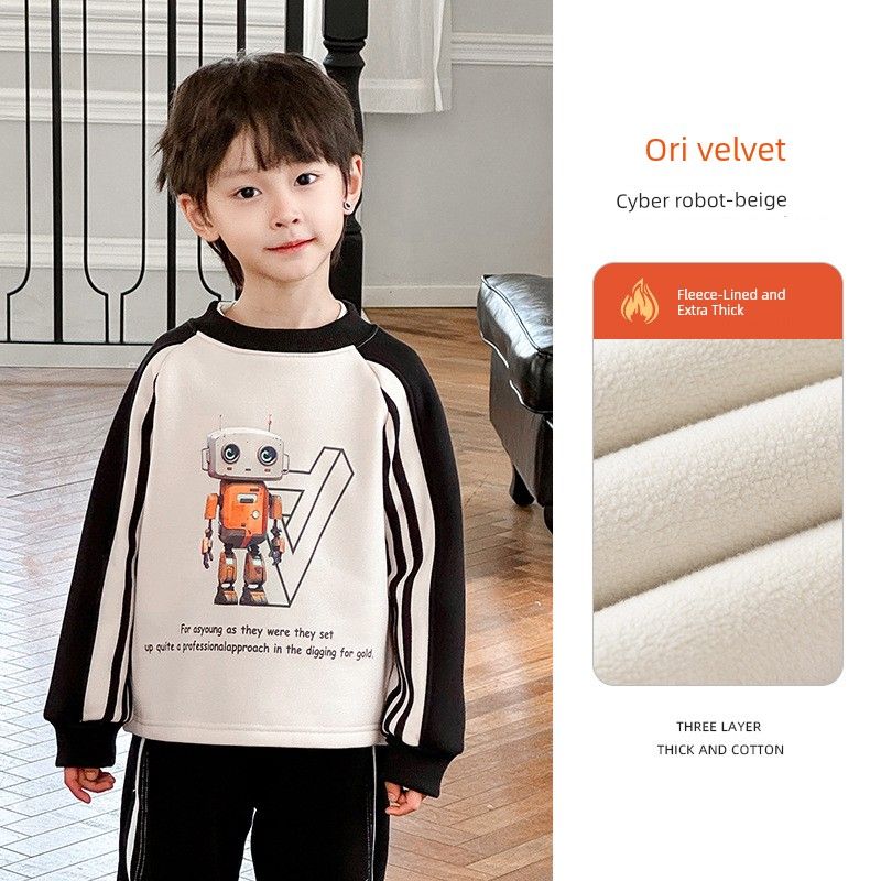 Boys  Fleece Sweatshirt, Children s Warm Pullover, Autumn and Winter Children s Clothing, Baby All-In-One Fleece Warm Robot Top