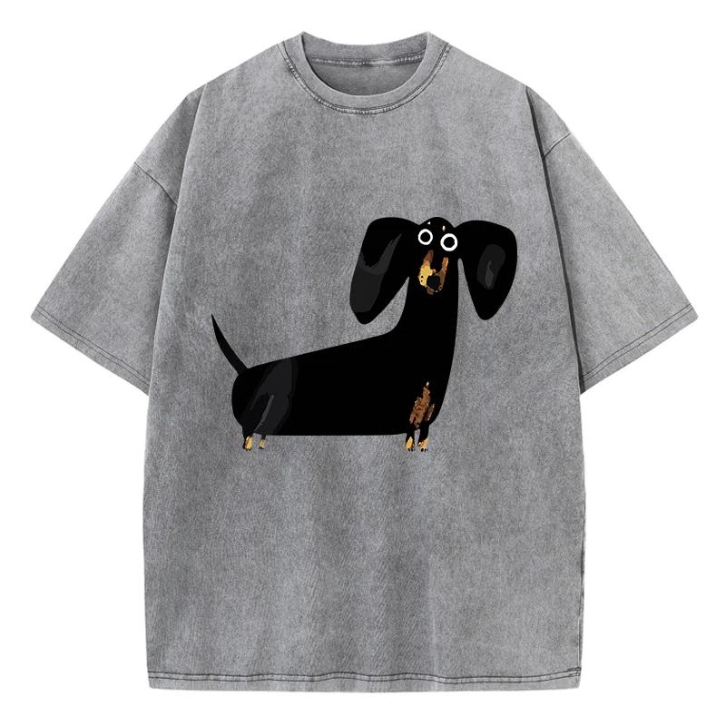 Funny Dachshund Dog Printing Washed T-Shirt Women Cotton T Shirts O-Neck Oversized Acid Wash Tops Summer Clothes