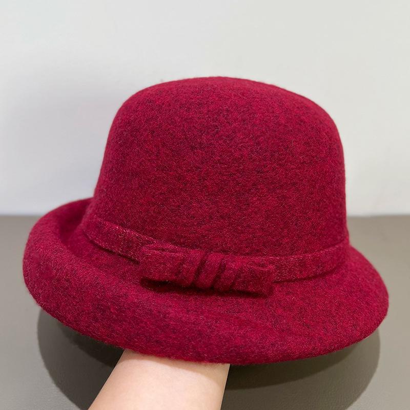 Korean Style Wool Felt Cloche Hat for Women - Retro Autumn/Winter Bow Fisherman's Hat