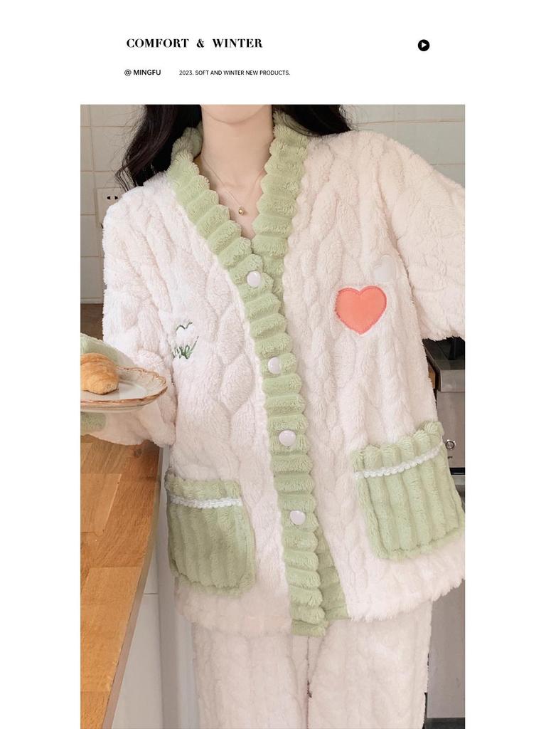 Winterpyjama aus Korallenfleece für Damen: Dickes, warmes Flanell-Loungewear-Set im süßen Stil