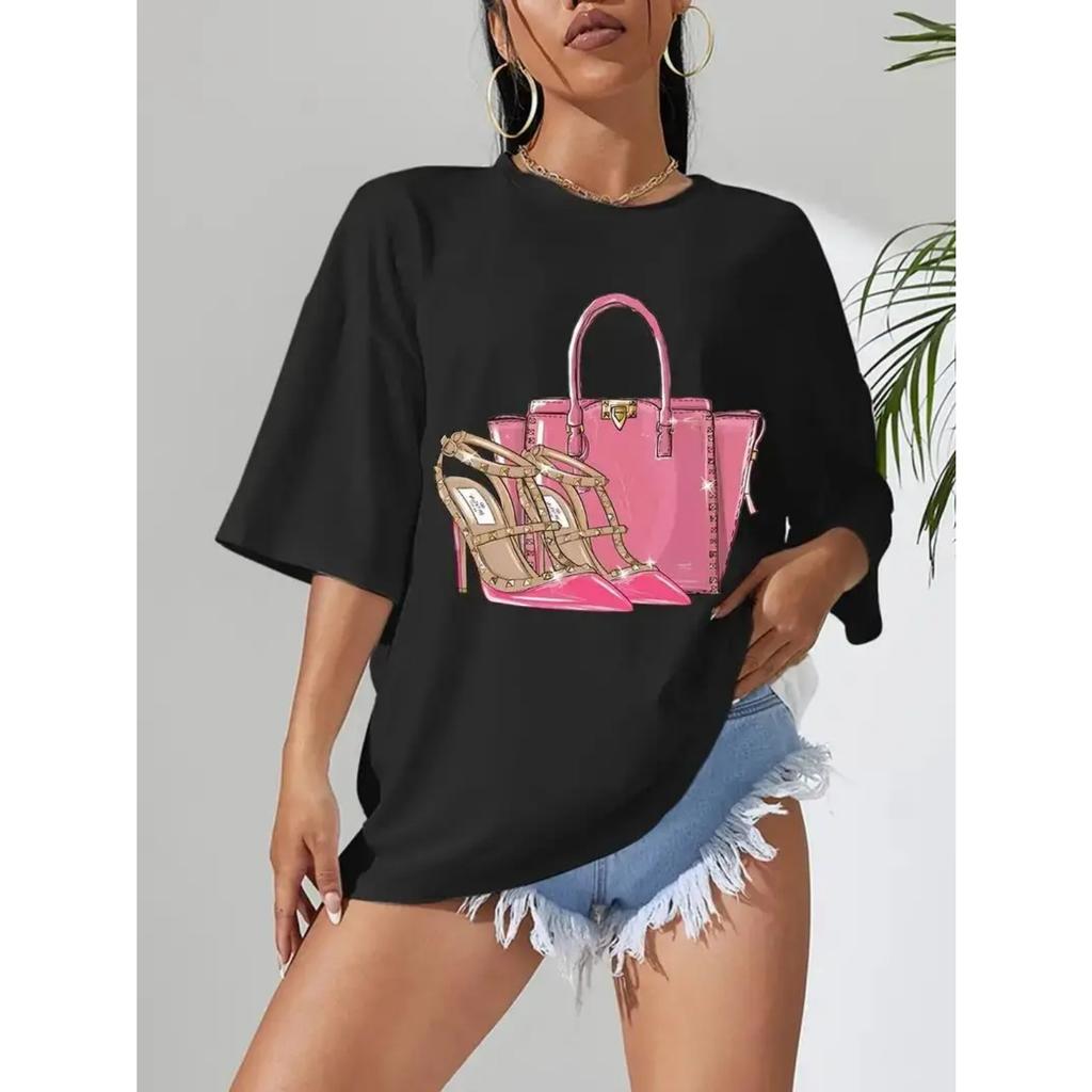 Pink High Heels Lady's Bag Print T-shirts Women Street Hip Hop Clothes Summer Breathable Short Sleeve Summer Soft Tee Top Female