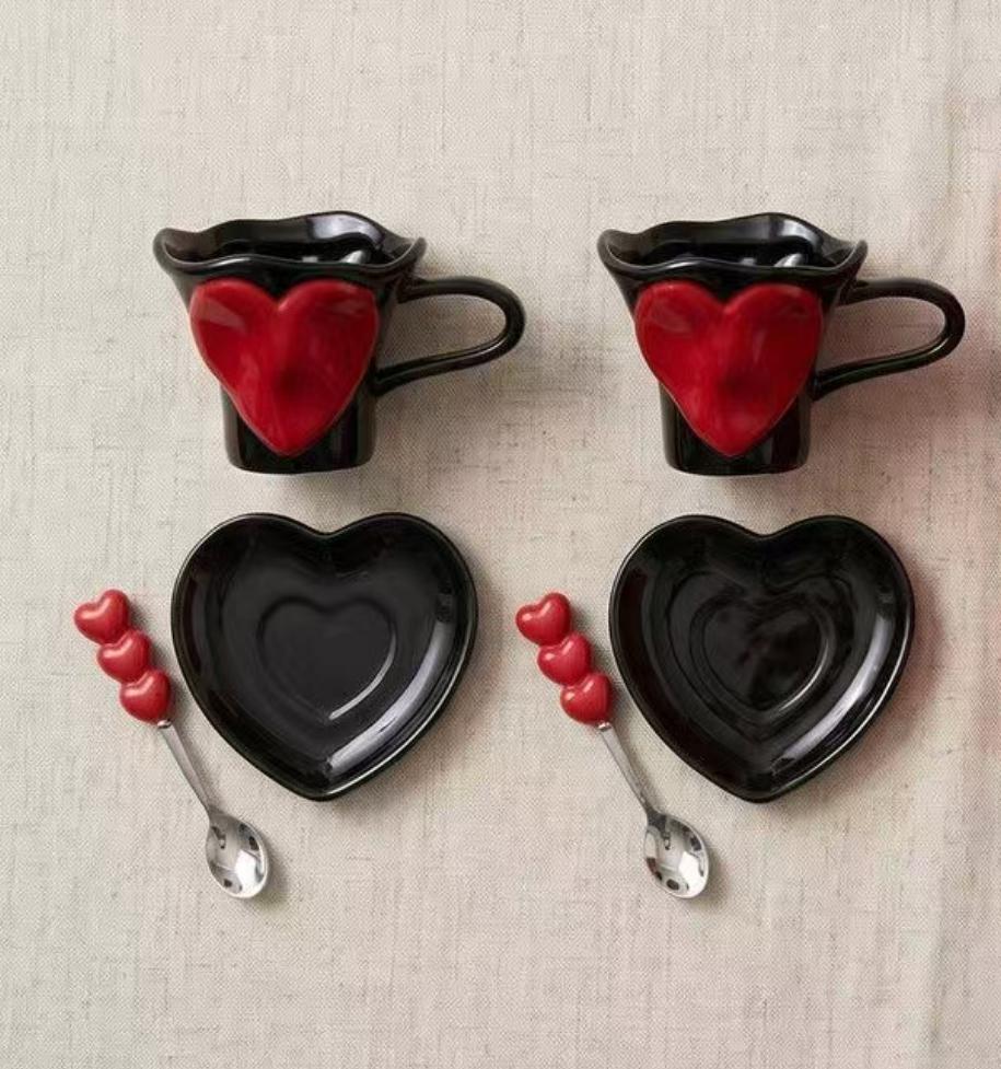 Black Red Heart Coffee Cup Set with Gift Box Ceramic Mugs with Spoon for Valentine Wedding Birthday Couple Gift