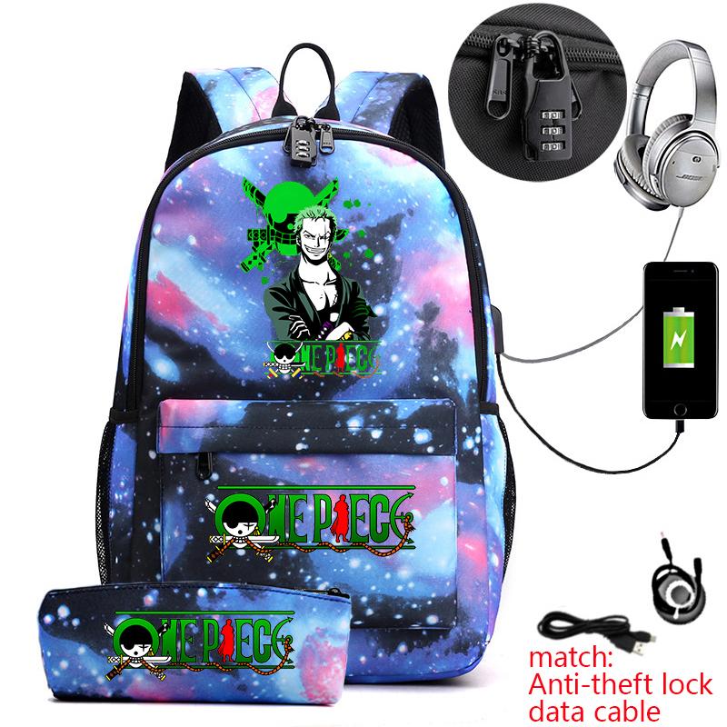 One Piece Zoro Print Anti Theft School Backpack Student Bookbag with Pen Case for Kids Teens