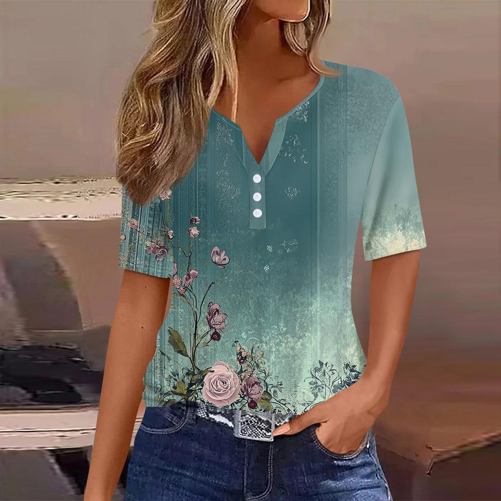 Women's T Shirt Tee Print Button Short Sleeve Tunic Daily Weekend Fashion Basic V- Neck Regular Top