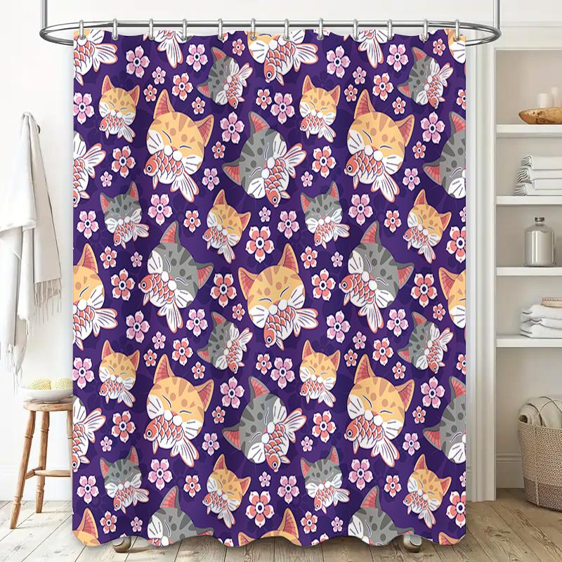 Rideau de douche pour chaton aux couleurs vives avec motif floral violet, doublure de bain, décoration d'intérieur, tissu de douche, motif décoratif, imperméable, salle de bain