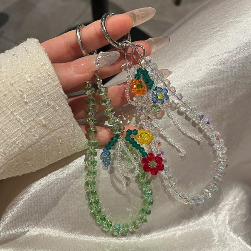 Luxury Sparkle Rhinestone Cute Flower Pendant Bead Hand Chain Wrist Short Hanging Rope With Clip Phone Case Earphone Keychain