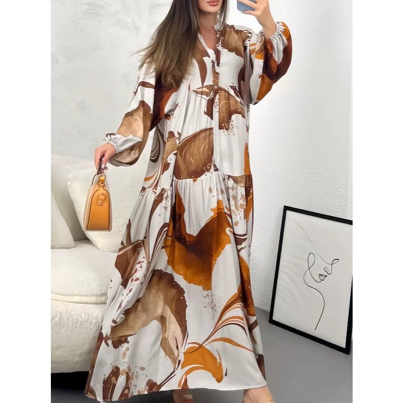 European and American new, printed dress loose casual long-sleeved temperament v-neck long dress women