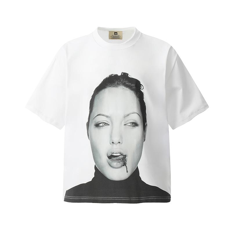 

American High Street BIG FACE Portrait Direct Injection Printing Vintage Heavy Wash Old VTG Short Sleeve T-shirt Tide 3XL