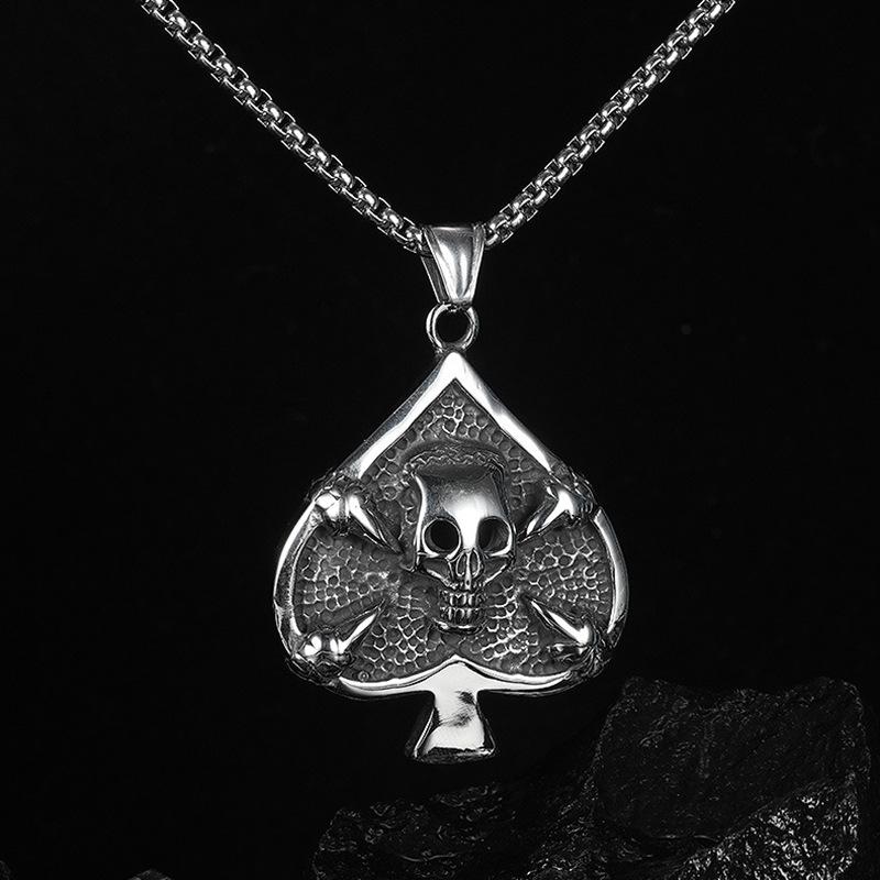 Titanium Steel Cast Poker Spades Men's Necklace Retro Hip-hop Titanium Steel Skull Pendant