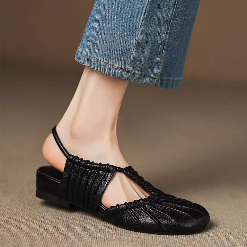 Fashion Autumn New Baotou Sandals Women's Fashion Round Toe Shallow Mouth Pleated Cover Foot Soft Sole Non-slip Flat Shoes