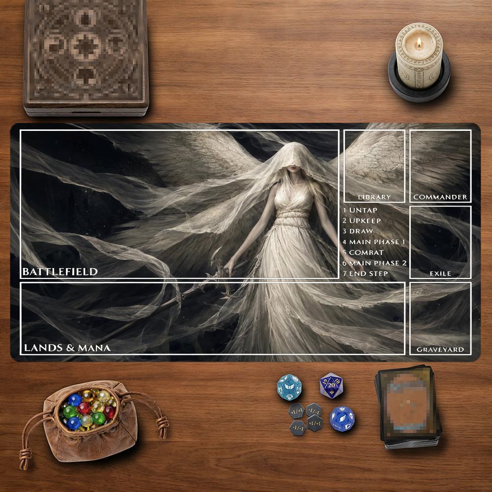 Veiled White Wing Angel TCG Playmat 35X60CM Dress Gothic Sword Magic Card Mat Non-Slip Durable Stitched Edge Tabletop Playmat