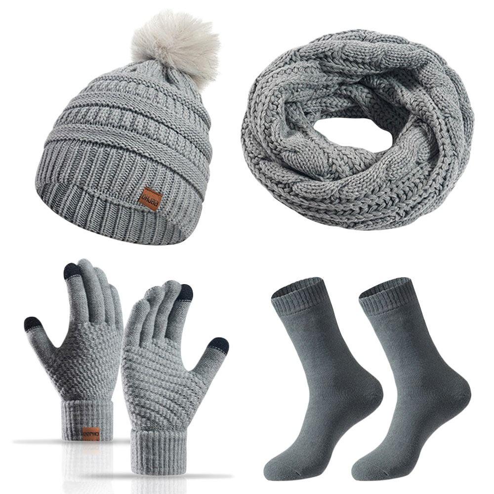 4Pcs/Set Ear Protection Knitted Hat Soft Touchscreen Gloves Winter Winter Warm Mitten  for Men Women