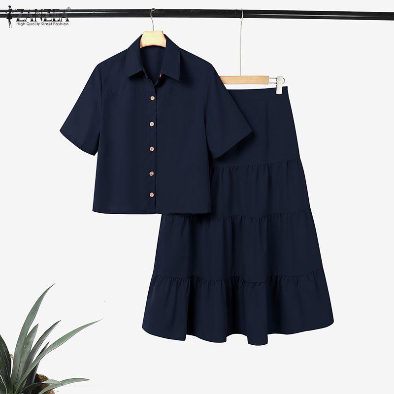 ZANZEA Damen Kurzarmbluse und Röcke Sommer Zweiteiliges Anzug-Set