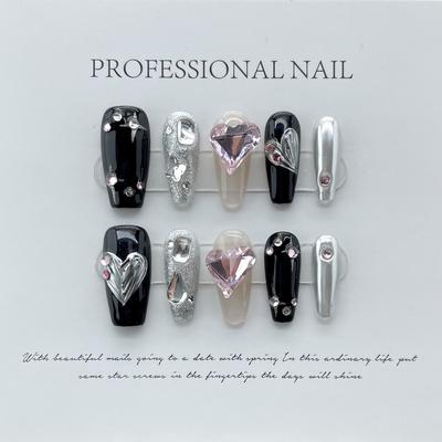 HANDMADE Artificial Nail Cool Heart Punk Phototherapy Nails Reusable and Removable Nails