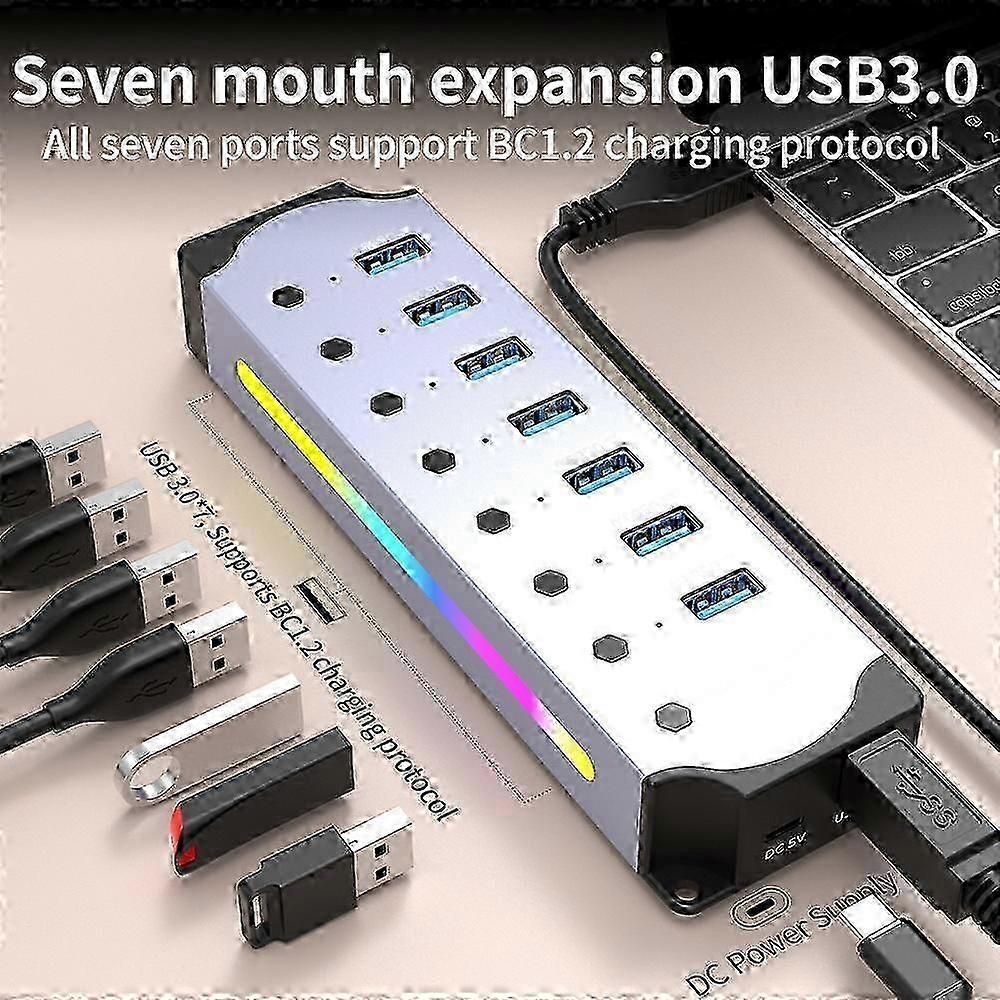 Type A YX-H307 7 Port USB 3.0 Hub with Individual On/Off Switches and Lights 5Gbps Data Transfer