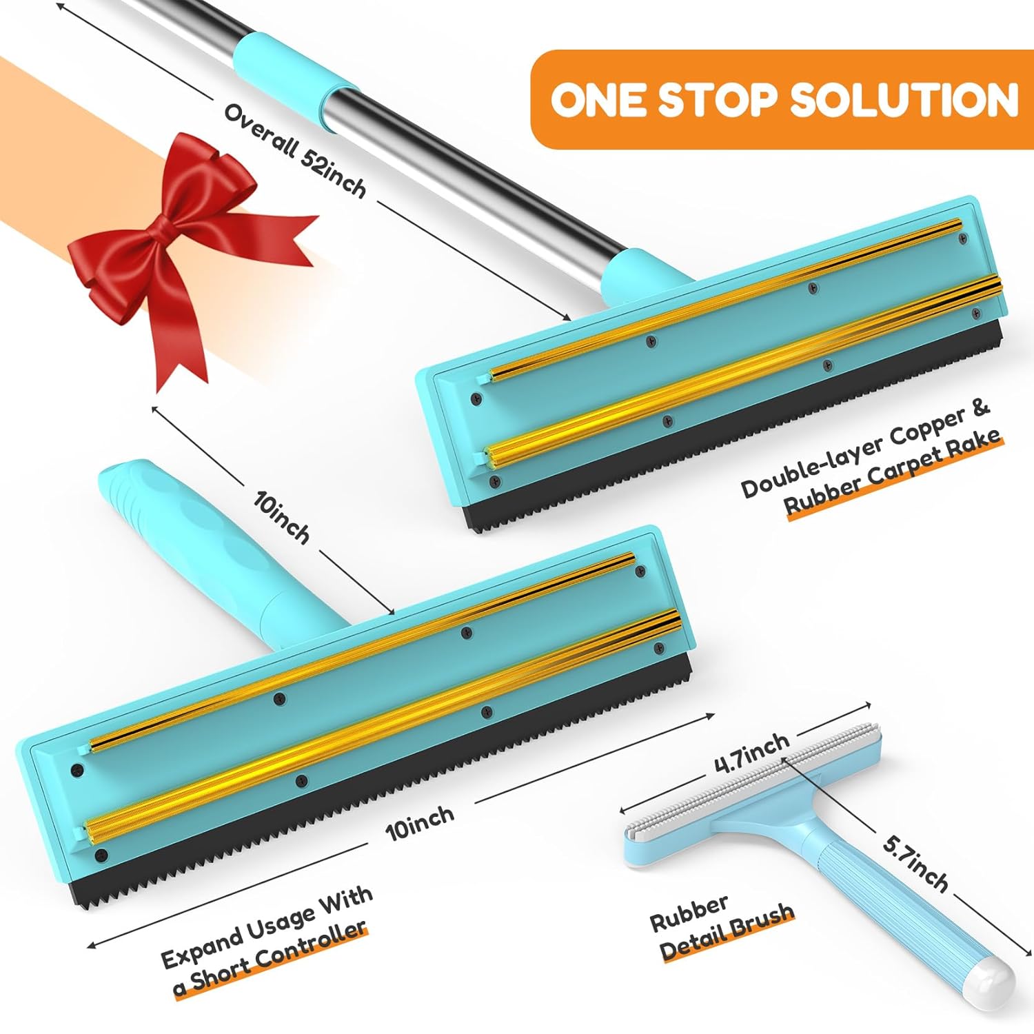 3 In 1 Carpet Rake for Pet Hair Removal with Long & Short Handle and Rubber Detail Brush, Carpet Brush for Pet Hair, Deep Cleaning Pet Hair Removal