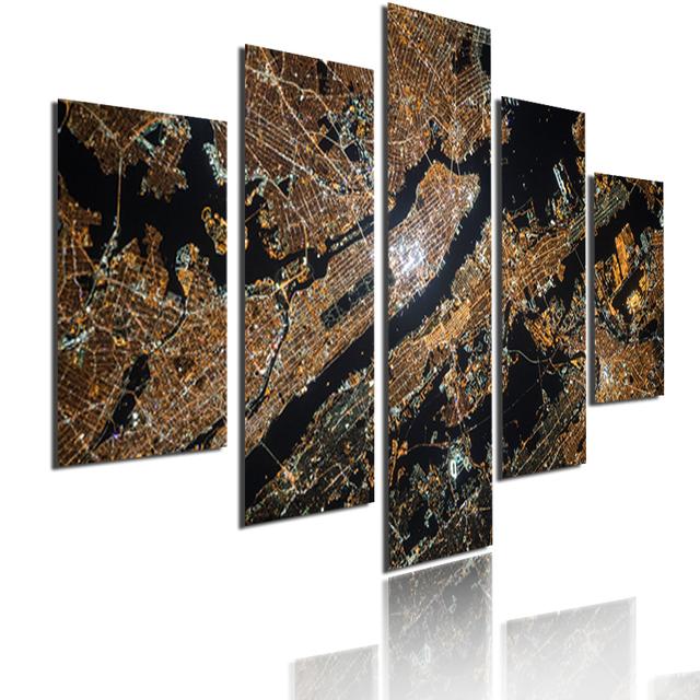 Wall Art Metropolis Skyscrapers Canvas Painting 5 Pieces Modular Picture Bustling City Night Poster HD Printed for Home Decor