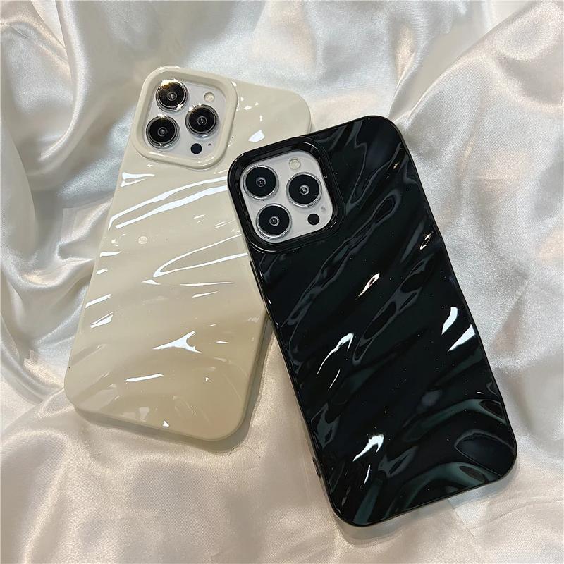 Luxury 3D Wavy Pattern Phone Case For iPhone 16 15 14 13 12 Pro Max Plus Solid Color Glossy Soft Silicone Case Phone Accessories
