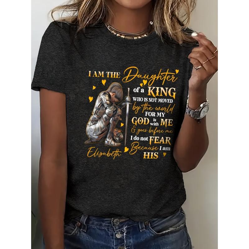 Damska koszulka z krótkim rękawem i okrągłym dekoltem I Am The Daughter of God Nadruk Casual Top na wiosnę i lato