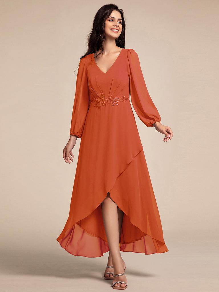 Ever-Pretty Women's Waist Applique Lantern Sleeve Chiffon Evening Dresses with Asymmetrical Hem