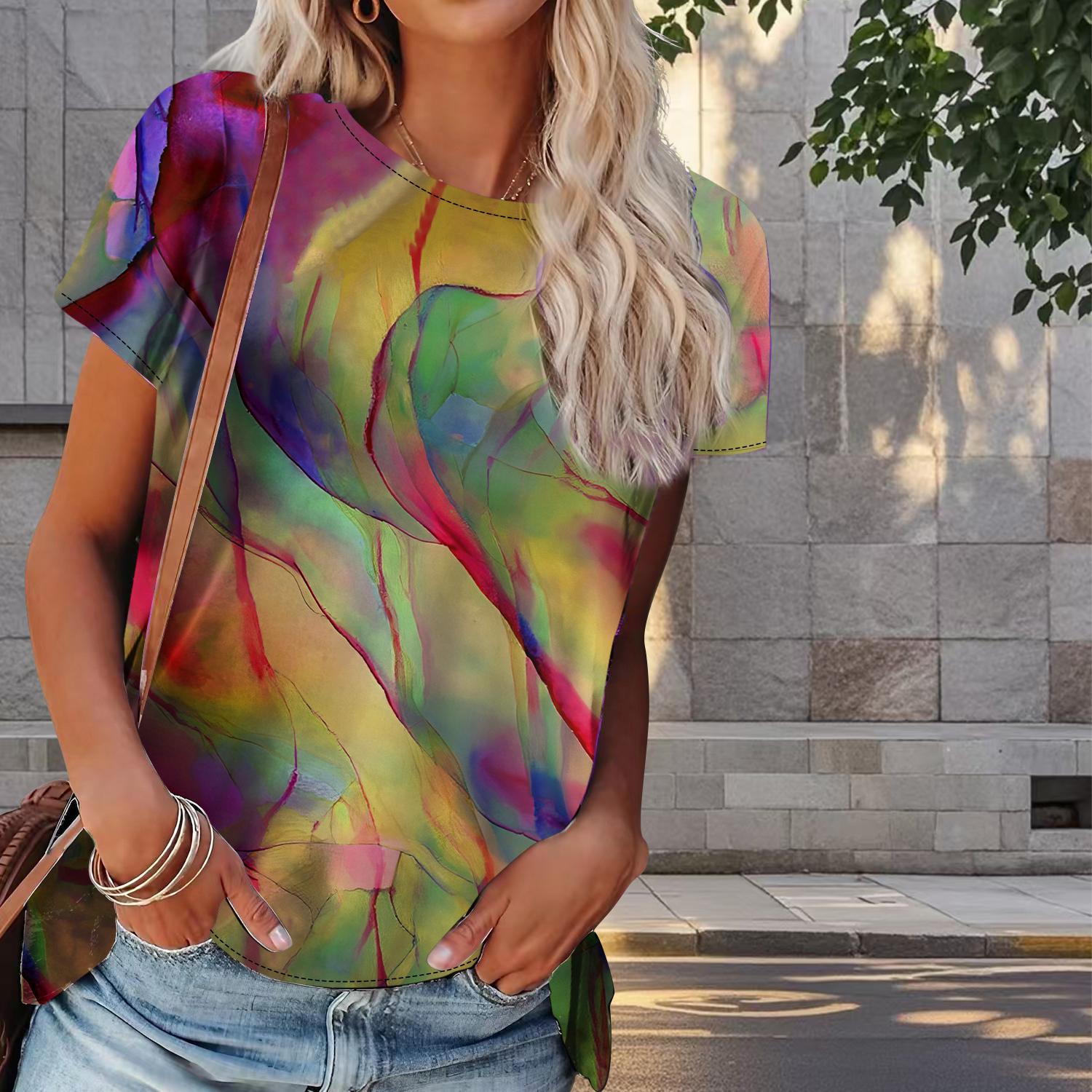 

Женская летняя футболка с разноцветным принтом в стиле ретро, футболки с коротким рукавом, повседневные топы с принтом 8XL