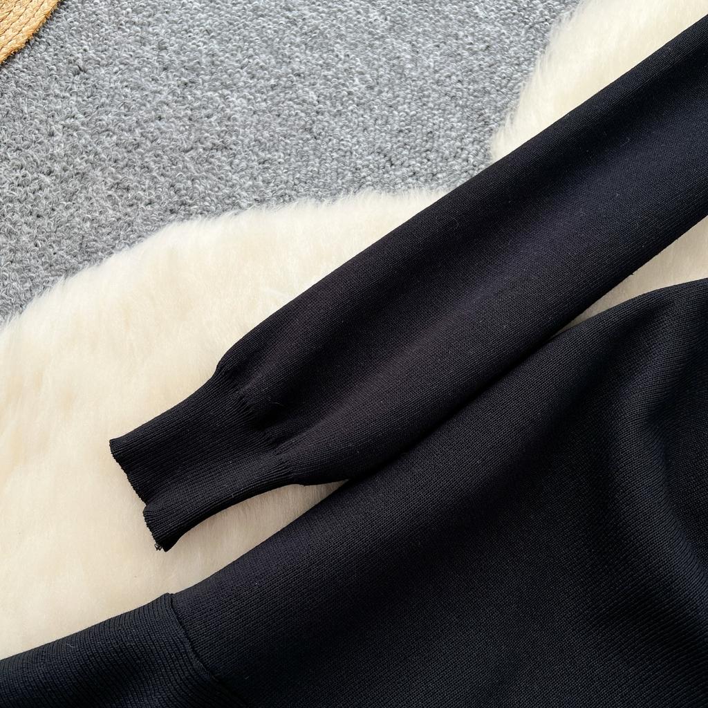 Spring Autumn Women Vintage Hepburn Style Black Full Sleeve Knitted Sweater Slim Fishtail Dresses