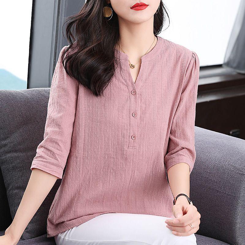 Spring Summer Women's Oversized Pure Cotton Loose Shirt Ladies 3/4 Sleeve Casual Solid Pullover Tops Women Simple Blouse