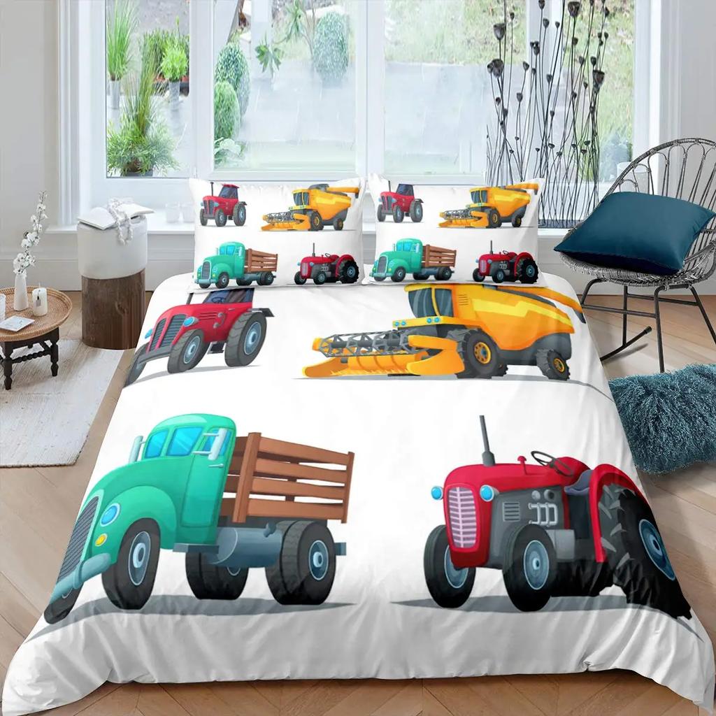 Kid Excavator Duvet Cover Tractor Truck Bedding Set Construction Vehicle Cartoon Comforter Cover Crane Car Polyester Quilt Cover